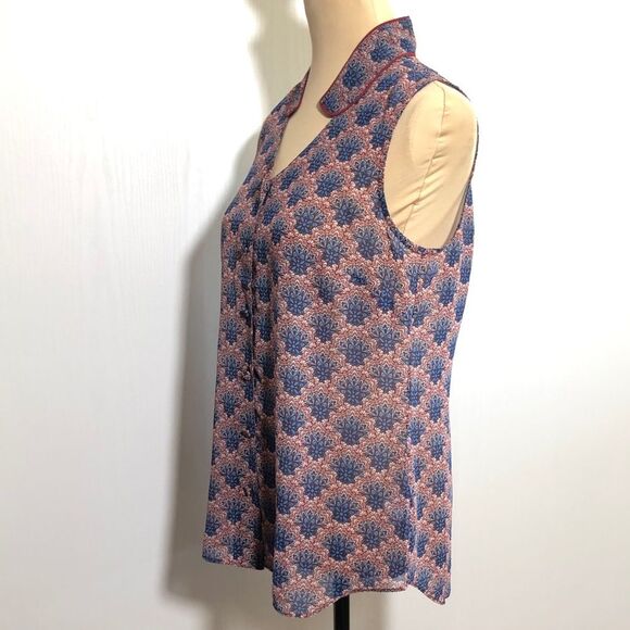 Cabi Shirt Womens Small Blue Red Sleeveless Sheer Blouse Mandarin Collar Fan - Picture 5 of 11
